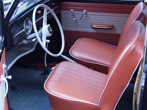TMI VW Seat Upholstery, 1958-66 Bug, Front & Rear, OEM smooth Brick Red with white piping