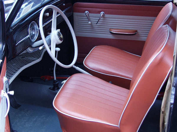 TMI VW Seat Upholstery, 1958-66 Bug, Front & Rear, OEM smooth Brick Red with white piping